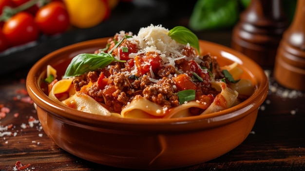 Imagine uma rica porção de Ragu alla Bolognese sobre pasta al dente em um prato rústico de barro o rico molho carnoso vibrante com tomates