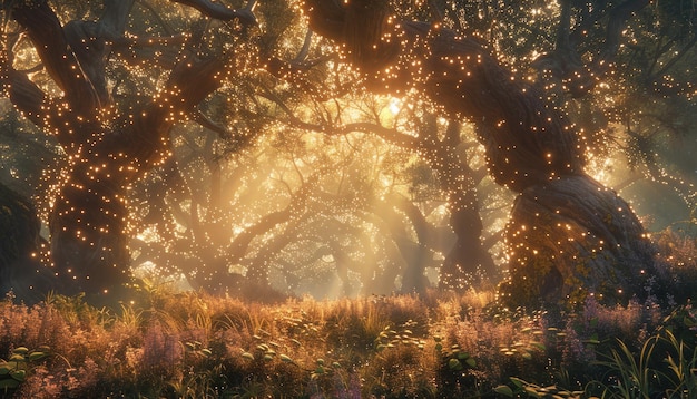 Imagínese un bosque encantador con árboles brillantes y una atmósfera mágica por la noche AIG59