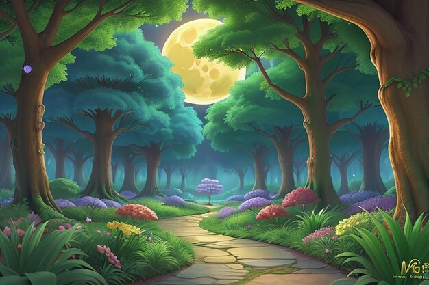 Imagínese un bosque místico lleno de flores vibrantes y vegetación exuberante todo iluminado por el suave resplandor de la luna