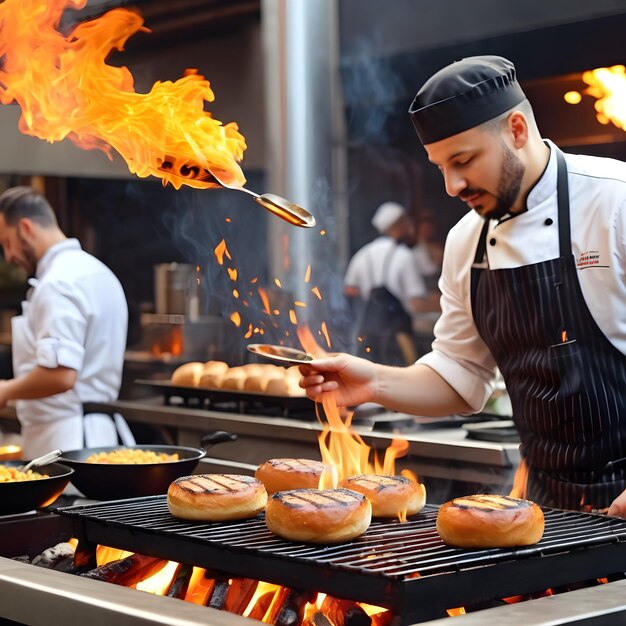 Foto imagínese la deliciosa escena de un chef mostrando su experiencia culinaria justo ante sus propios ojos