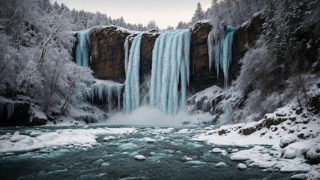 Imagínese el espectáculo de cascadas congeladas enmarcadas por árboles en un paisaje invernal que hace hincapié en el u