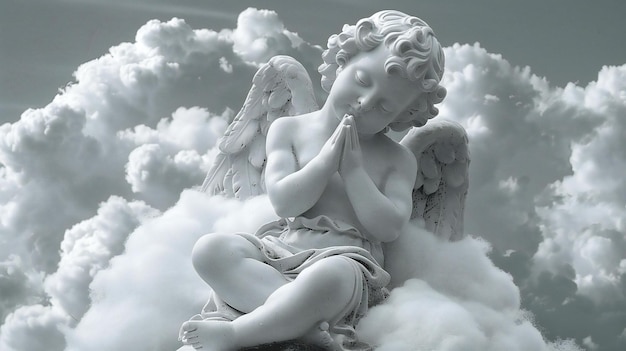 Imagínese una estatua de querubín orando en las nubes