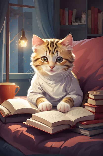 Imagínese un gato cómodamente anidado en un diseño de camiseta de libro de lectura