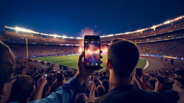 Foto imagínese un grupo de ávidos seguidores sacando sus teléfonos en un estadio de fútbol.