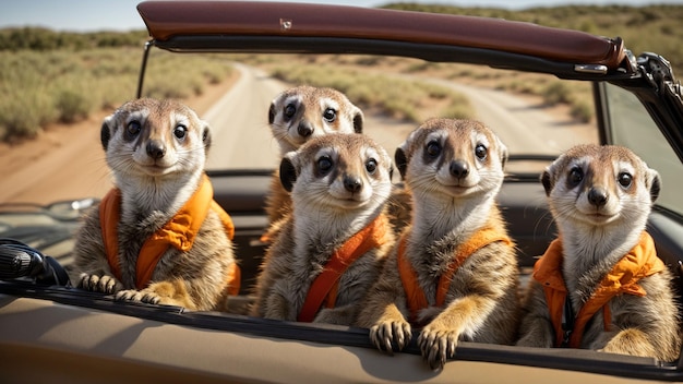 Imagínese un grupo de suricatas aventureras embarcándose en un viaje por carretera en un coche descapotable.