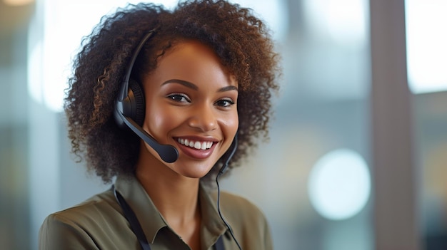 Imagínese una mujer sonriente con auriculares y trabajando como representante de servicio al cliente.