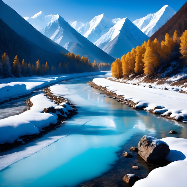 Imagínese de pie en las orillas de un río de invierno rodeado de un paisaje impresionante de nieve para