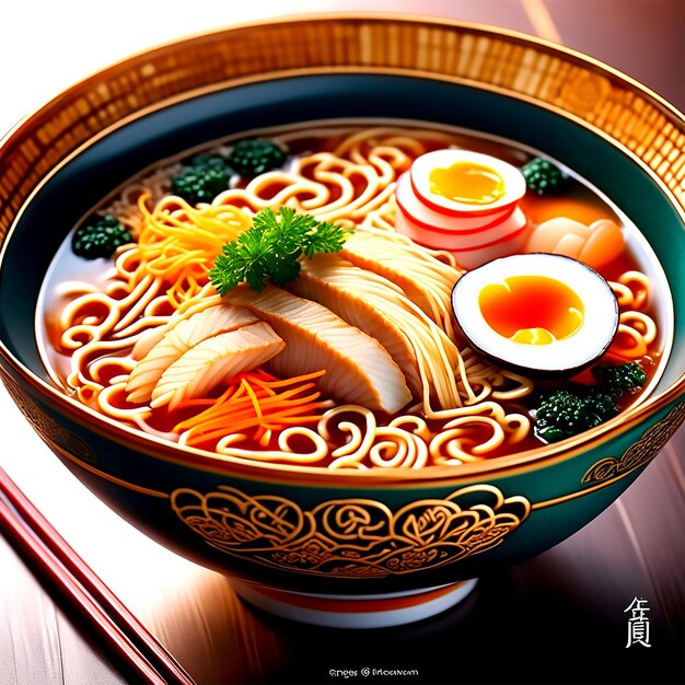 Foto imagínese rápidamente el estilo art nouveau de un delicioso cuenco de ramen lleno de un rico caldo tierno noo