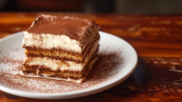 Imagínese una rebanada de tiramisu en capas con dedos de dama con espresso y crema de mascarpone salpicada de polvo de cacao en un plato de cerámica blanca