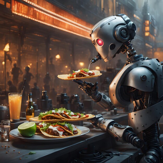 Foto imagínese un robot humanoide sentado en una mesa masticando deliciosos tacos con gran entusiasmo con