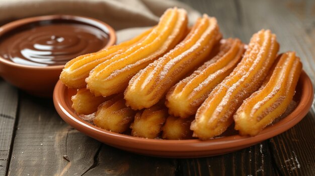 Imagínese un tentador arreglo de churros recién hechos sus exteriores dorados salpicados con una generosa capa de azúcar canela creando un contraste delicioso contra el fondo rústico oscuro