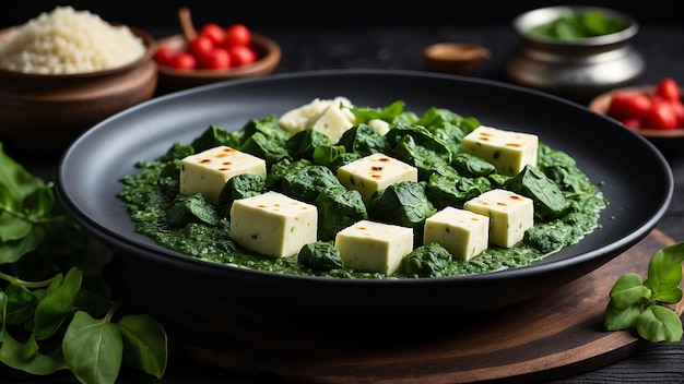 Foto imagínese un tentador plato de palak paneer colocado en una elegante mesa de madera negra con accesorios como el tradit