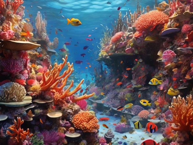 Imagínese una vibrante escena de arrecife de coral con coloridos peces que se arrojan entre intrincadas formaciones de coral