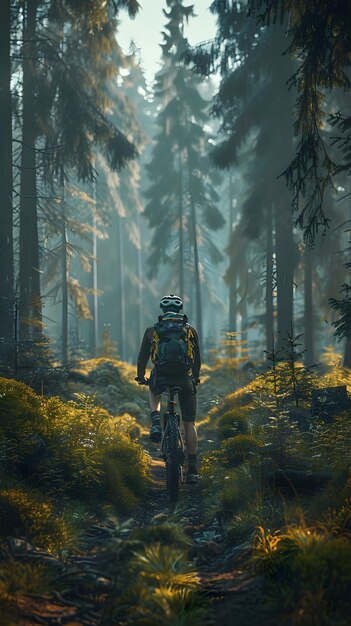 Foto imersiva aventura ciclista a través de los bosques nórdicos en la tranquilidad y la naturaleza prístina de nor