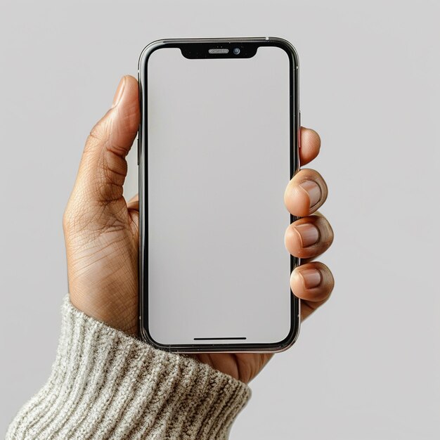 Imita a un hombre con la mano sosteniendo el teléfono inteligente negro con un marco menos pantalla en blanco y un marco moderno