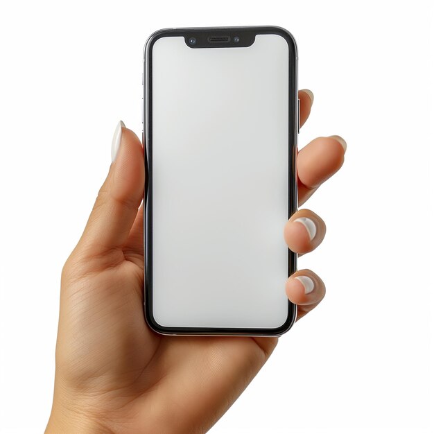 Imita a un hombre con la mano sosteniendo el teléfono inteligente negro con un marco menos pantalla en blanco y un marco moderno