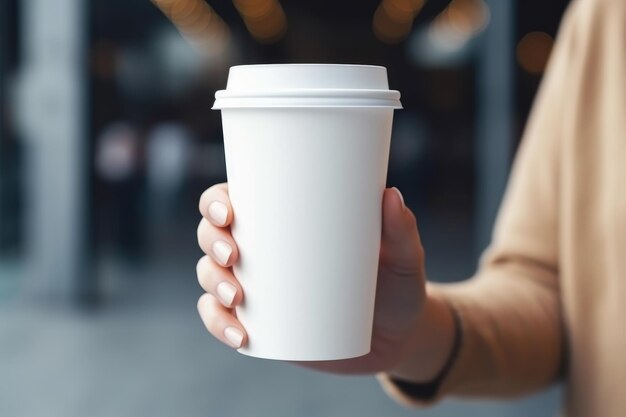 Imitación en blanco de una taza de papel de café con la mano de una mujer en el fondo de la naturaleza