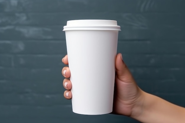 Imitación en blanco de una taza de papel de café con la mano de una mujer en el fondo de la naturaleza