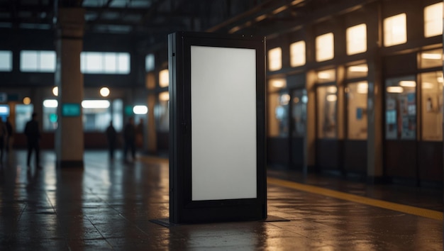 Foto imitación de cartel publicitario vertical con pantalla digital vacía en la estación de tren cartel publicitario blanco en blanco en la estación