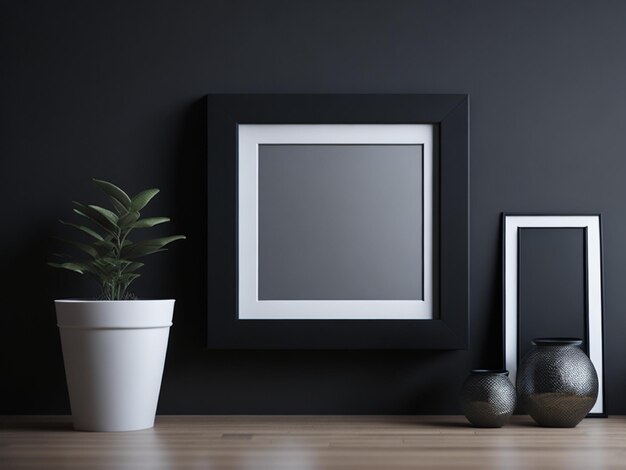 Foto imitación del marco de la foto pared negra montada en el estante de madera fondo suave renderización 3d