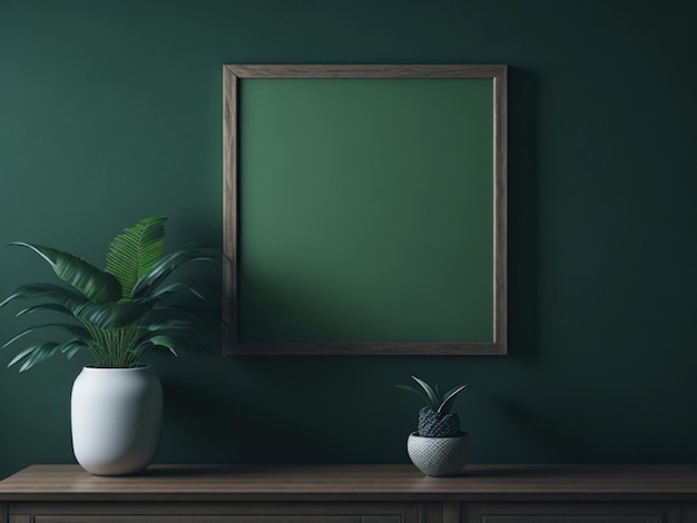 Imitación de marco fotográfico pared verde montado en el estante de madera fondo suave renderización 3d