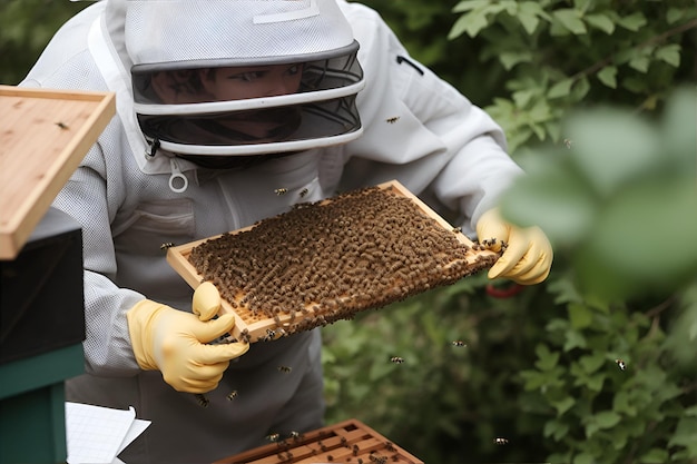 Imker arbeitet mit Bienen, die Waben halten