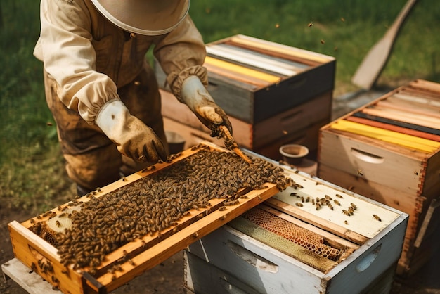 Imker arbeitet mit Bienen im Bienenhaus Bienenzuchtkonzept Generative KI