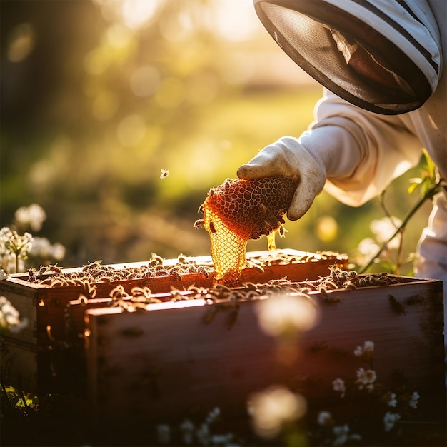 Imker arbeitet mit Bienen und extrahiert Honig. Weiches Licht, erzeugt durch KI