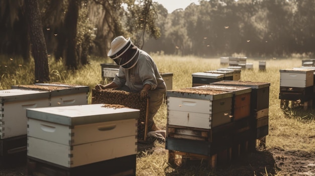 Imker, der an einem Bienenstock in einem Feld arbeitet