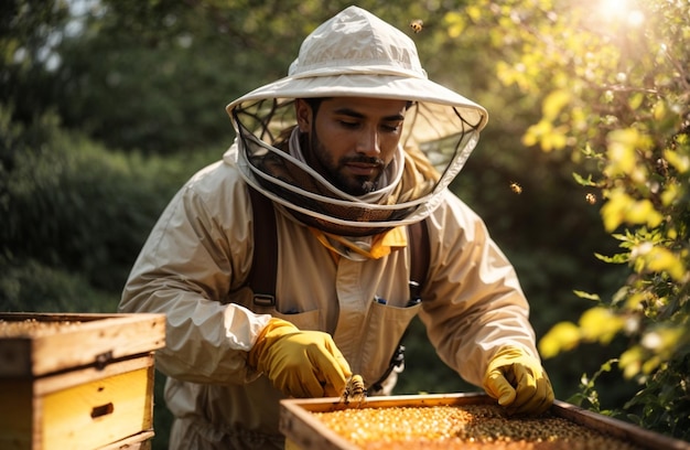 Imker, der die Tafeln mit dem Honig sammelt
