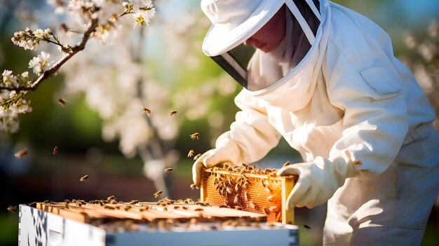 Foto imker, der honigstock aus dem bienenstock entfernt person im imkeranzug, die honig aus dem honigstock nimmt