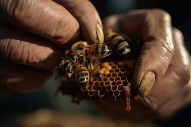 Imker hält Bienenkönigin, markiert mit winziger generativer KI