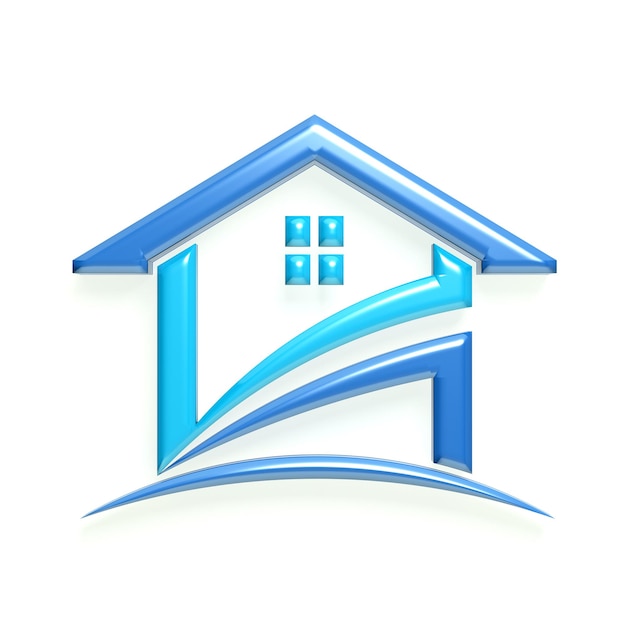 Immobilien-Haus-Logo in blauer Farbe und weißem Hintergrund 3D-Render-Illustration