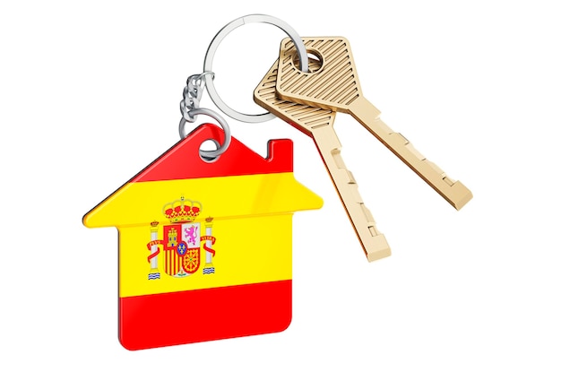 Immobilien in Spanien Home Schlüsselanhänger mit spanischer Flagge Immobilienmiete oder Hypothekenkonzept 3D-Rendering