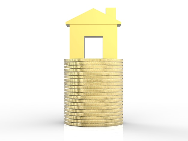 Immobilieninvestitionskonzept mit goldenem Mock-up-Haus und Stapel von Goldmünzen