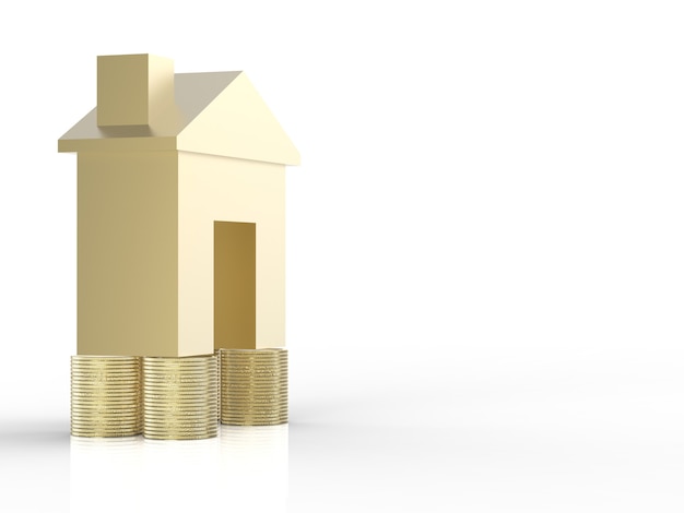 Immobilieninvestitionskonzept mit goldenem Mock-up-Haus und Stapel von Goldmünzen