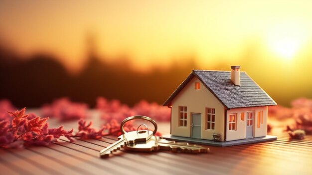 Immobilienkonzept Kauf, Verkauf oder Vermietung eines Hauses Schlüssel in der Nähe des Hauses bei SonnenuntergangAI Generative KI