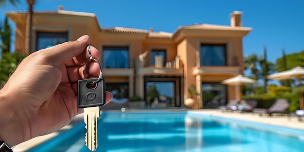Immobilienmakler hält die Schlüssel vor einer luxuriösen Villa mit Pool Konzept Immobilien Luxus Immobilien Schlüsselhalter Villa Schwimmbad