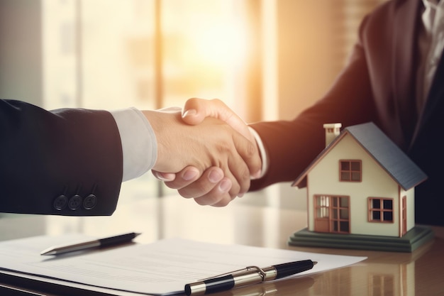 Immobilienmakler schüttelt dem Käufer die Hand, nachdem er den Hausvertrag unterzeichnet hat. Generative KI