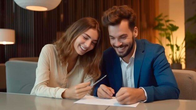 Immobilienmakler unterzeichnet einen Hypothekenvertrag für ein neues Haus mit einem Paar glücklicher junger Kunden Konzept des Wohnungsdarlehens und des Kaufens einer eigenen Immobilie Generative KI