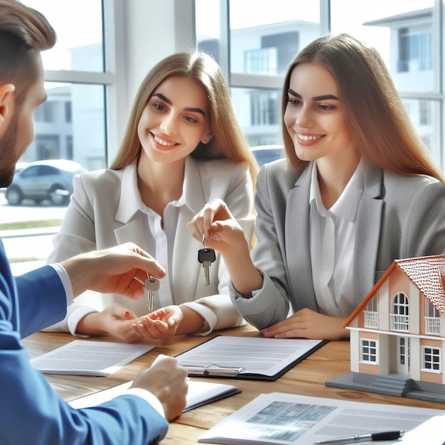 Immobilienmakler verteilen den Käufern, die im Büro Verträge unterzeichnen, Schlüssel