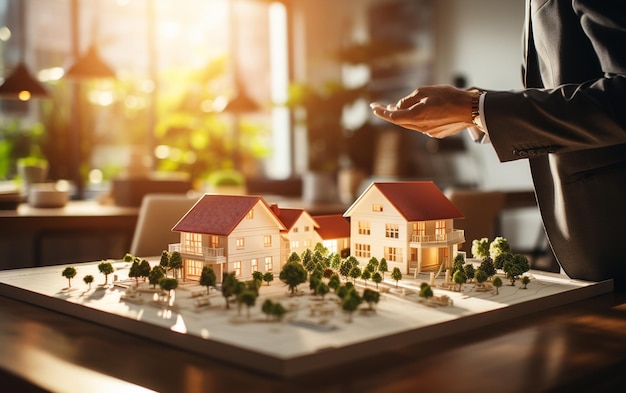 Immobilienmakler zeigt Immobilien auf dem Tisch