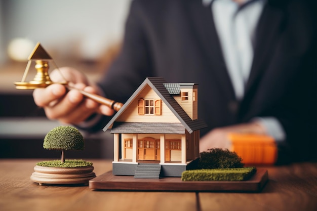 Immobilienmakler zeigt Kunden Hausmodell