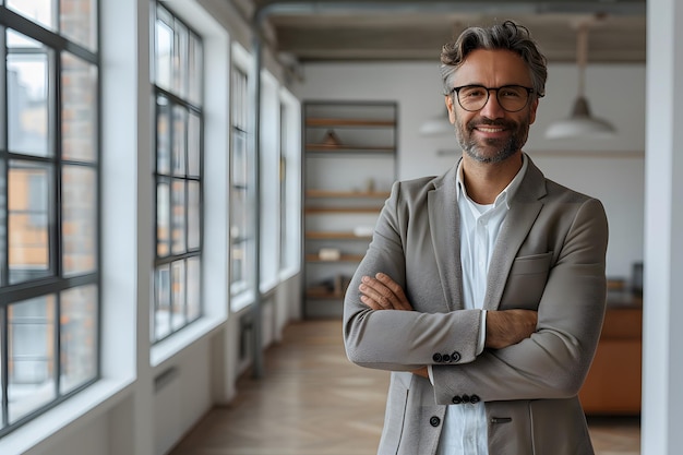 Foto immobilienmanager posiert in einer der luxuswohnungen, die er wichtigen leuten verkauft.