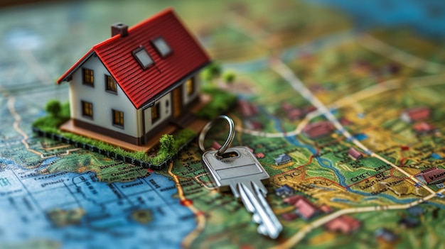 Immobilienschlüssel und Hausmodell mit Nachbarschaftshintergrund Generative KI