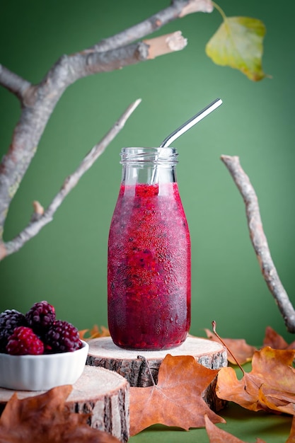 Immunsystem stärkender roter Beeren-Smoothie mit Himbeere und Brombeere auf Holzständer für die Herbst- oder Virussaison auf neutralem Hintergrund mit natürlichen Elementen, minimalistisches Stillleben