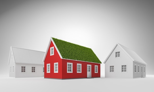 Imobiliário, energia verde, conceito amigo da natureza. Casa escandinava aconchegante vermelha com grama no telhado e duas casas brancas sobre fundo branco. Ilustração 3D render.