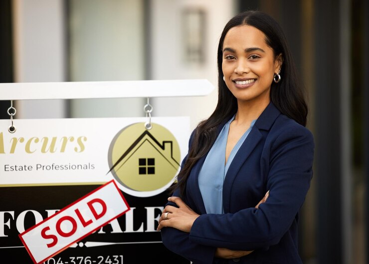 Foto imobiliário vendido e mulher em retrato com braços cruzados para venda e agência de propriedade de investimento em casa rosto feliz do agente corretor de imóveis ou pessoa birracial com sinal de casa ou placa no sucesso comercial