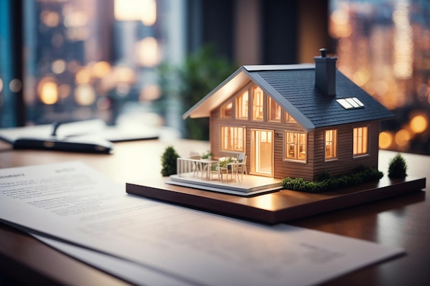 Imóveis Holográficos Um modelo 3D futurista de uma pequena casa em uma mesa assinando contratos de hipoteca