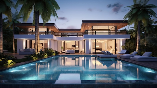 imóveis Luxo design interior e exterior villa com piscina e palmeiras na cena do pôr do sol à noite de verão Foto de alta qualidade
